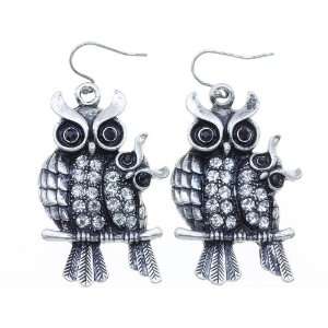  OWL JEWELRY   Antique Silver Tone Mommy & Baby Owl Crystal 