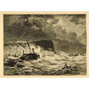 1878 Wood Engraving Natural Disaster Storm Lightning Persian Fleet 