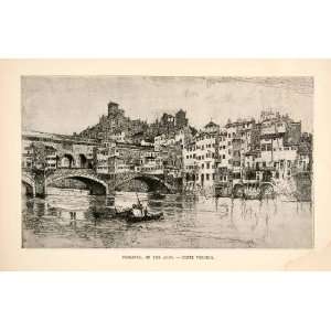 1886 Wood Engraving Florence Italy Arno River Ponte Vecchio Bridge 