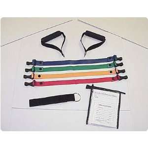   Four bands (blue, green, peach and red), two handles and one leg strap