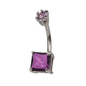 PURPLE Princess Cut Gem Design Belly Button Navel Ring with Prong Set 