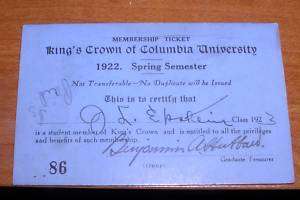 1922 KINGS CROWN COLUMBIA UNIVERSITY MEMBERSHIP CARD  