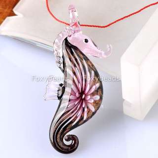 1P Pink Sea Horse Flower Murano Lampwrok Glass Charm Pendant&Necklace 