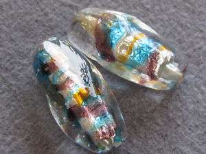 Pr Vintage Foil Art Glass Beads Silver Turquoise Gold  