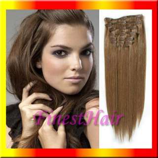 22 110g Clips In Human Hair Extensions Light Brown #8  