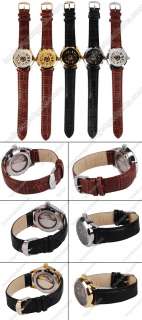 Leather Band Automatic Mechanical Transparent Men Wrist Watch Silver 