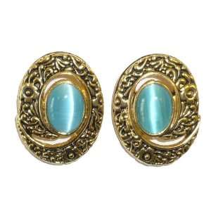  Antique Goldplated Blue Cats Eye Clip Earrings Jewelry