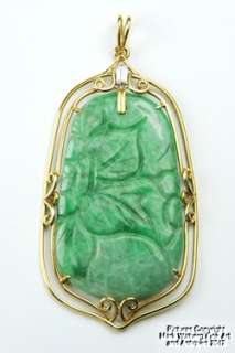 Chinese Jadeite Jade & 18K Gold Pendant, Baguette Cut Diamond, 20th C 