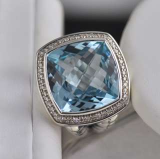 David Yurman 17mm Blue Topaz Pave Diamond Albion Ring  