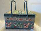 Vintage Floral Fabric & Wood Sewing Box with double Lift 3 Out Trays 