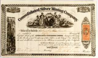 Consolidated Silver Mining Company Stock , Lander County, Nevada 1866 