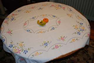 On Linen Vintage American Embroidery Tablecloth with Pink, Blue, Gold 