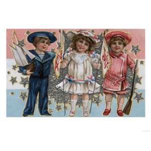 Fourth of July Greeting   Kids in Blue, White and Pink Giclee Poster 