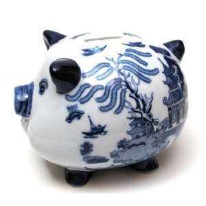    Blue Willow Asian Style Ceramic Pig Bank