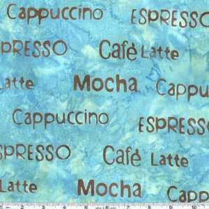  44 Wide Coffee Break Batik Coffee Words Turquoise Fabric 