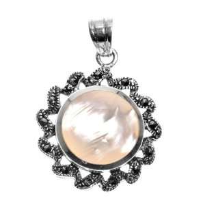   Sterling Silver & Mother of Pearl Fiery Sun Marcasite Pendant Jewelry
