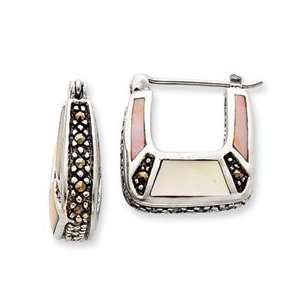   Sterling Silver Mother of Pearl & Marcasite Earrings Jewelry