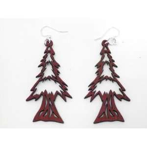  Cherry Red Holiday Tree Wooden Earrings GTJ Jewelry
