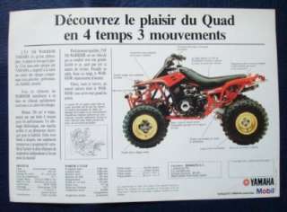 YAMAHA YF 350 WARRIOR QUADBIKE SALES SHEET (FRENCH).  