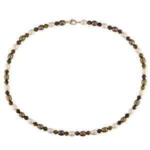   Freshwater Peach and Brown Pearl and 5 mm Tiger Eye Bead 18 Necklace