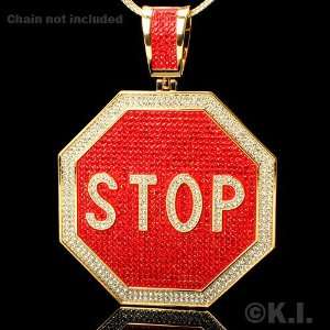   Plated Stop Sign Red and Clear Cubic Zirconia Hip Hop Pendant Jewelry