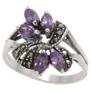   Marcasite Floral Ring, w/ Marquise Cut Amethyst CZ, 3/4 (19mm) wide