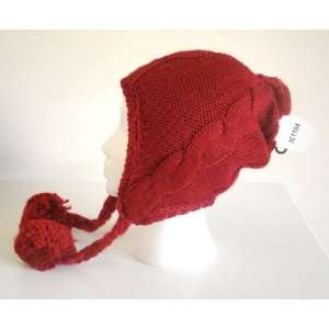  Womens Red Cable Knit Winter Ski Beanie Ear Flap Hat Pom 