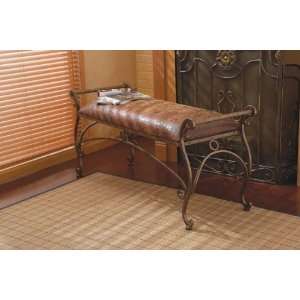 Tuscan Style Bench Iron Scroll with Faux Leather Seat Antique Copper 