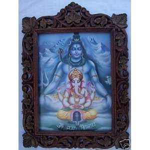  Lord Shiva & Ganesh doing mediation, Wood Frame 
