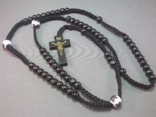   BLACK Beads   Macrame&Marble Accents Wood Cross w Gold Jesus  