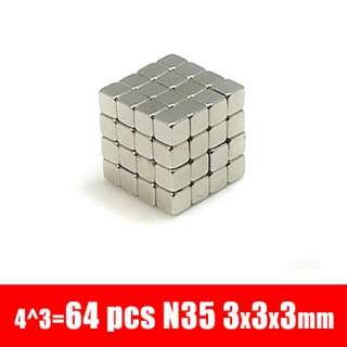 64pcs 3mm x 3mm x 3mm Cube Rare Earth Neodymium strong Magnets N35 