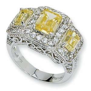  Sterling Silver Canary & White Cubic Zirconia 3 stone Ring 