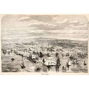1871 Wood Engraving Cardenas Cuba Ship Sail Boat Harbor Cityscape Bay 