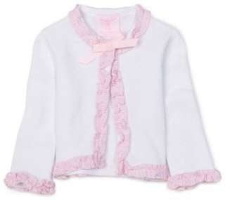   White Woven Cotton Cardigan Sweater with Ruffle, White/Pink, 0   6