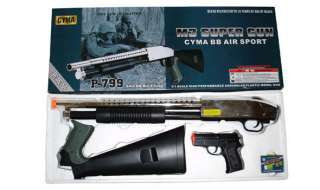 CYMA P799 AIRSOFT CHROME M3 SHOTGUN & PISTOL COMBO PACK  