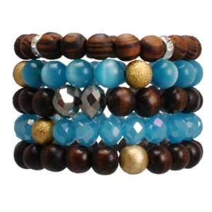 Layers made of Wood, Glass and Beads Stretchable Bracelet. Brown 