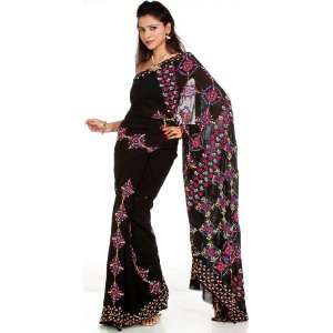 Black Chikan Sari from Lucknow with Hand Embroidered Paisleys   Pure 