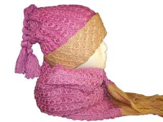 Crochet Hat Ski Beanie Scarf Set Pink TM104  
