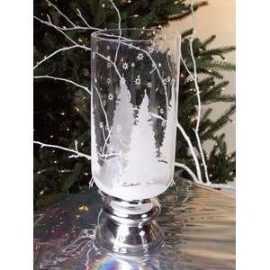 Pair Etched Glass Silver Base Hurricane Pillar Candle Holder  