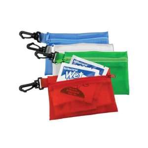 Travel first aid kit with wet wipes, bandages, and tablets in a zipper 
