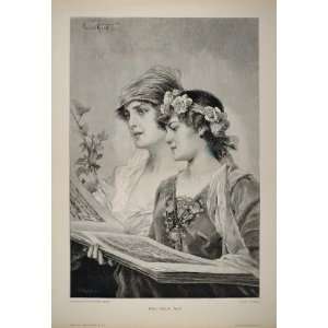  1893 Duet Women Girls Song Singing German Engraving 