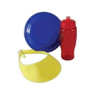   sports bottle, 9 flying disc and foam visor.