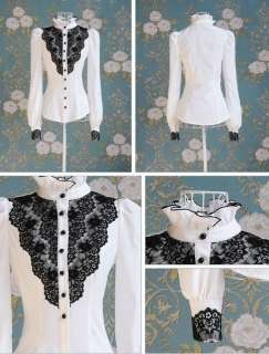 Womens Fashion Stand Collar Lace White Long Slim tops blouses shirt S 