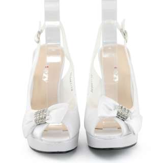 SHOEZY wedding womens white satin bow peeptoe slingback platform heel 