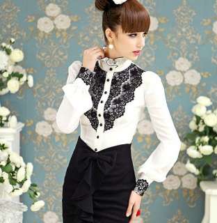 Women Lace Stand Collar Shrug Long Sleeve Button Shirt Top White 3 