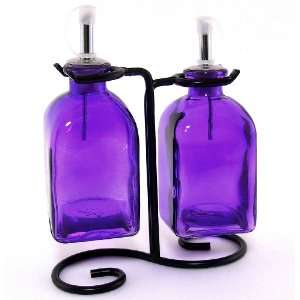   Oil Vinegar Bottles with Pour Spout and Black Metal Stand ~ Decorative