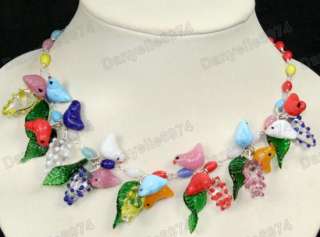 BIRDS&LEAVES blossom MULTI murano GLASS BEAD NECKLACE vintage BLUE,RED 
