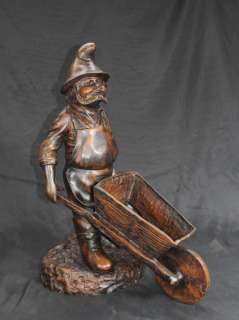 Bronze Garden Gnome Wheelbarrow Sculpture  