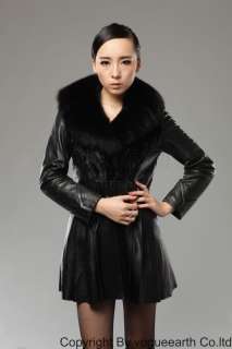 9112 new real fox collar leather&mink fur black/brown jacket/coat 