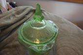Anchor Hocking Green Depression Glass Princess Covered Candy Dish w 